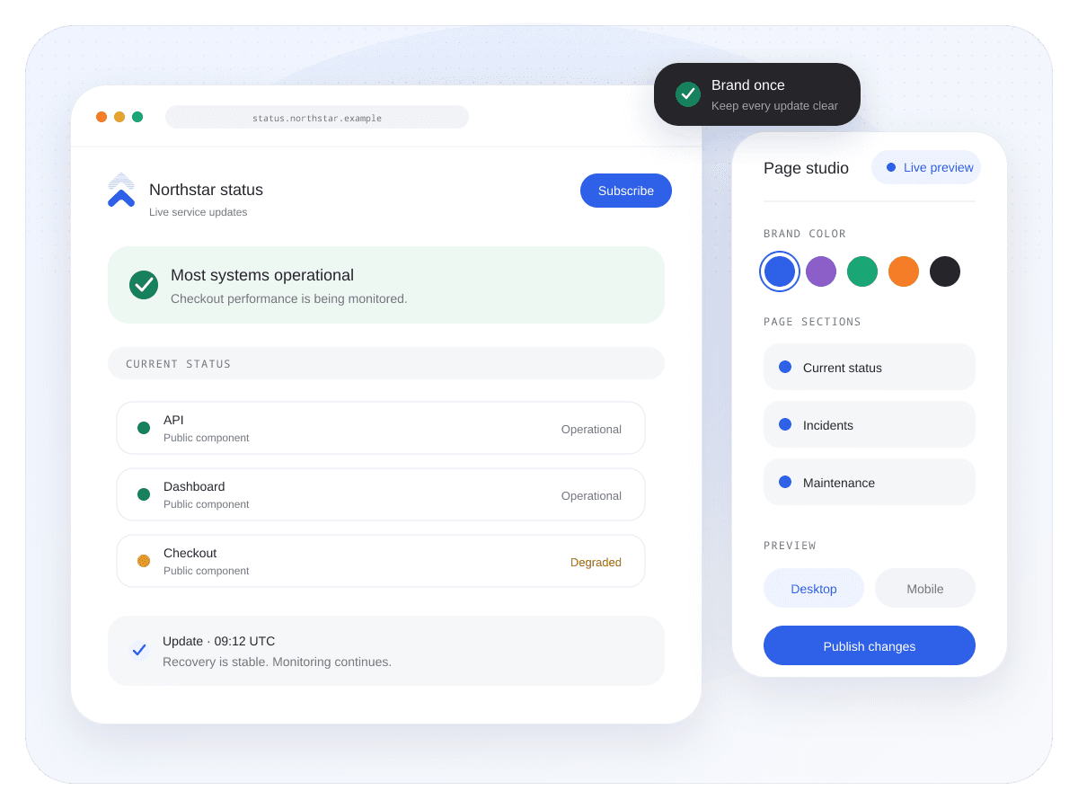 Uptimus public status page, mobile preview, and brand controls