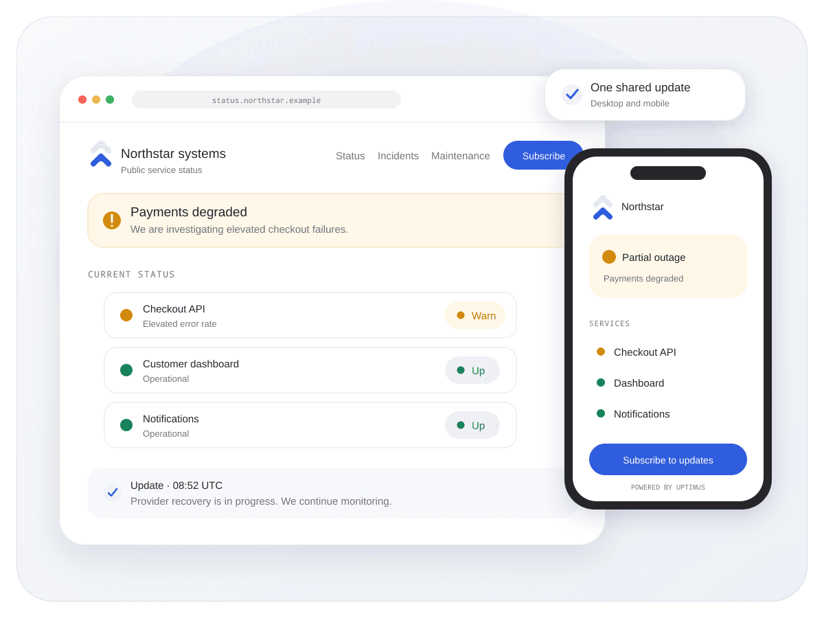 Uptimus branded status page displayed on desktop and mobile